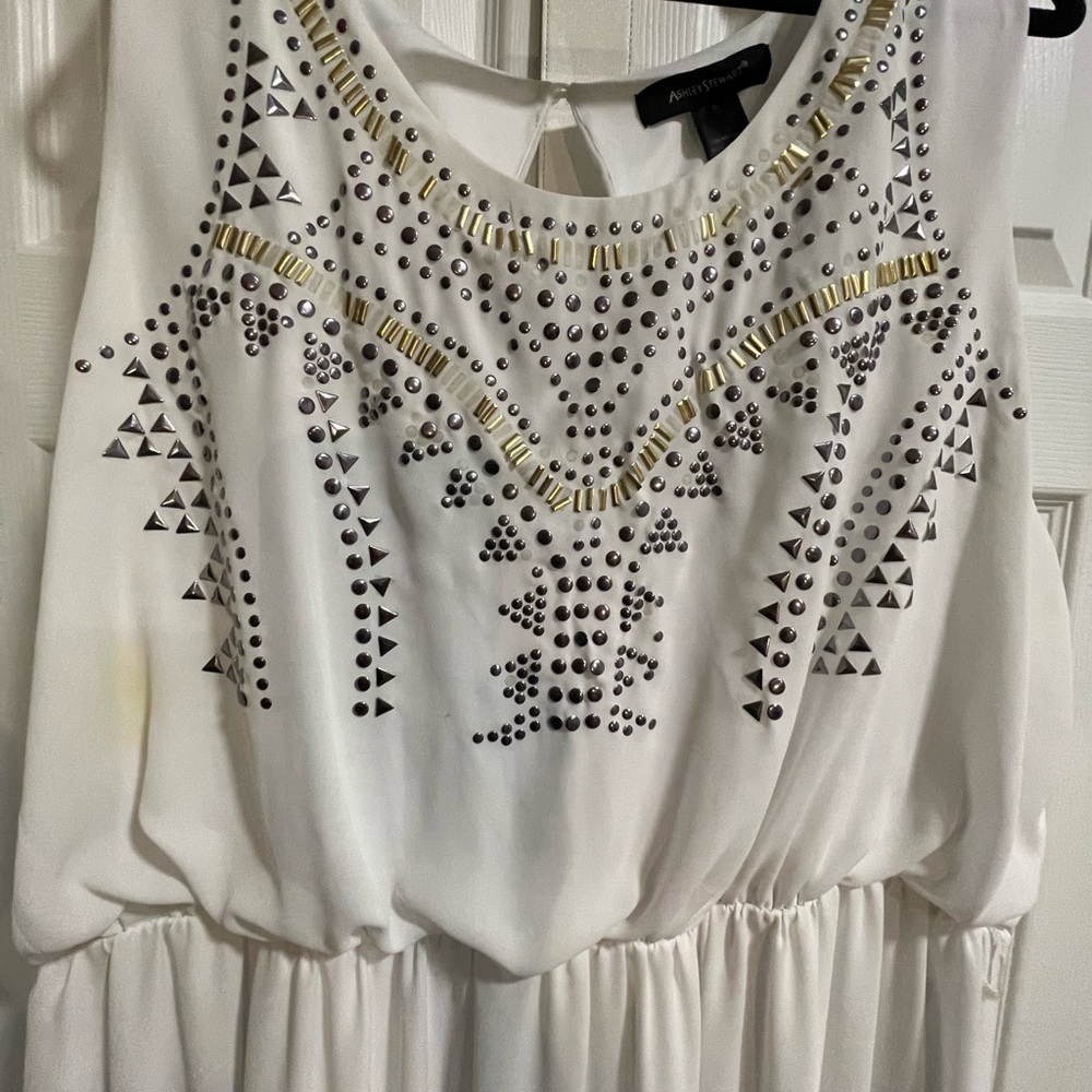 Long white dress with metallic accents